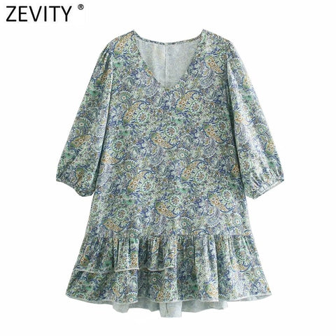 Zevity Women Vintage V Neck Floral Print Casual Straight Mini Dress Chic Female Lantern Sleeve Hem Ruffles Kimono Vestido DS8103