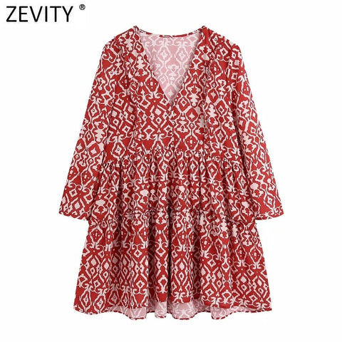 Zevity Women Vintage V Neck Geometric Floral Printing Loose Mini Dress Chic Female Pleat Ruffles Casual Big Swing Vestido DS8669