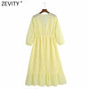 Zevity Women Vintage V Neck Hollow Out Embroidery Solid Hem Ruffles Midi Dress Female Lace Up Vestido Chic Retro Clothing DS8628