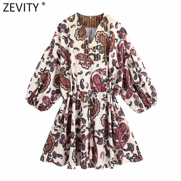 Zevity Women Vintage V Neck Paisley Print Lace Up Waist Shirt Dress Female Chic Retro Totem Floral Casual Court Vestidos DS8341