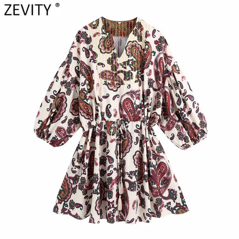 Zevity Women Vintage V Neck Paisley Print Lace Up Waist Shirt Dress Female Chic Retro Totem Floral Casual Court Vestidos DS8341