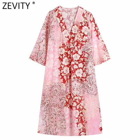 Zevity Women Vintage V Neck Totem Red Floral Print  Midi Shirt Dress Chic Female Retro Casual Side Split Kimono Vestidos DS8670