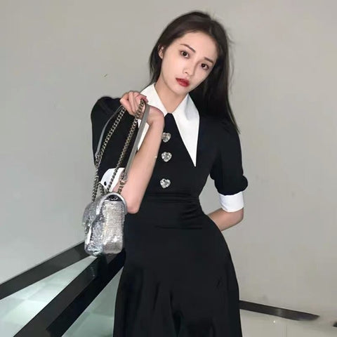 Zhou Jieqiong Celebrity Style Elegant White Lapel Buckle Scheming Little Dress Hepburn Style Small Size Dress