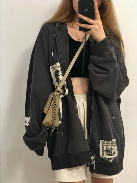 Zip-Up Hoodie Casual Loose Sweatshirt Y2K Printed Long Sleeve Women Tops Autumn Streetwear Vintage Harajuku Sweatshirt With Zip