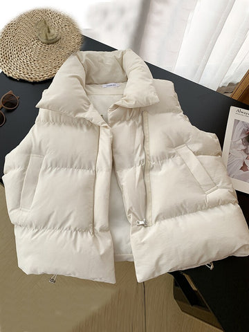 Zipper Down Vest Women Korean Winter Sleeveless Jacket Solid Elegant Stand Collar Jacket Female Loose Coat With Pocket