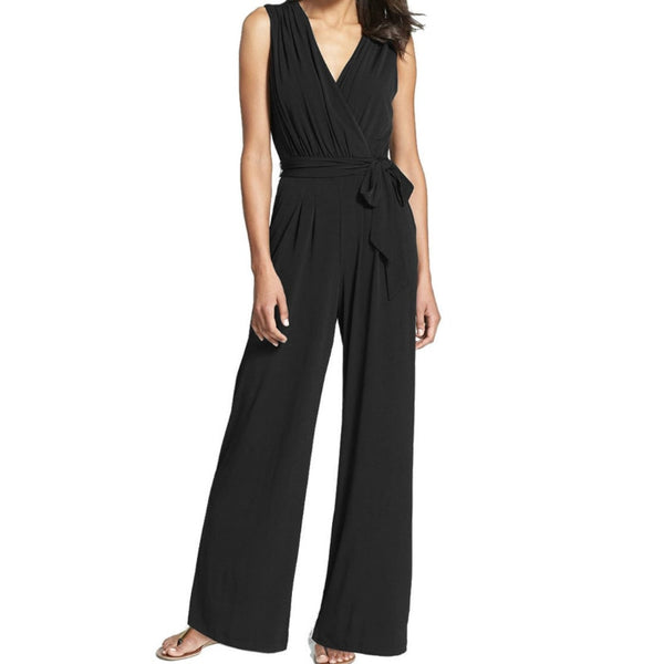 Zipper Women Sleeveless Jumpsuits V-neck Sashes Fashion Office Lady Jumpsuit Summer Female Wide Leg Pants Rompers Size GV753