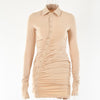 Zoctuo Buttons Patchwork Women Long Sleeve Ruched Mini Dress Turndown Collar Bodycon Sexy Streetwear 2023 Elegant Summer Dress