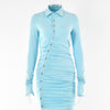 Zoctuo Buttons Patchwork Women Long Sleeve Ruched Mini Dress Turndown Collar Bodycon Sexy Streetwear 2023 Elegant Summer Dress