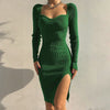 Zoctuo Knit Knee Length Dresses For Women Sexy Square Collar Elegant Long Sleeve Bodycon Side Split Chic Fall Dress