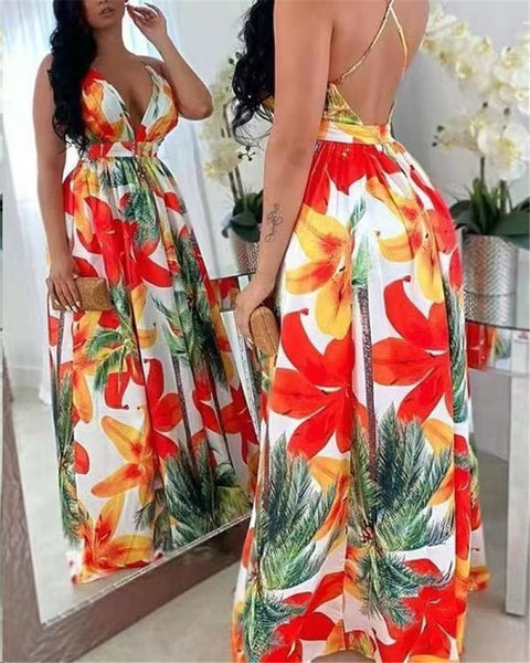 Zoctuo Floral Print  Maxi Dress Backless High Waist Sexy Club Dresses For Women Spaghetti Straps Casual Party Dress