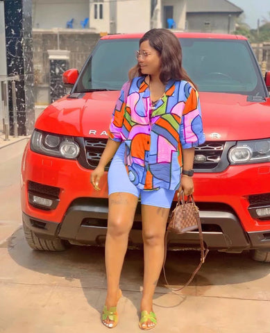 Zoctuo Shorts Sets For Women Short Sleeve Top Casual Shorts 2 Piece Set Color Patchwork Printing Outfit Set Summer 2023