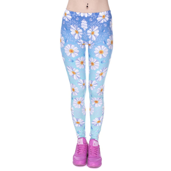 Fashion Elasticity Daisy Blue Ombre Printed Fashion Slim fit Legging Trousers Casual Polyester Pants Leggings for Women