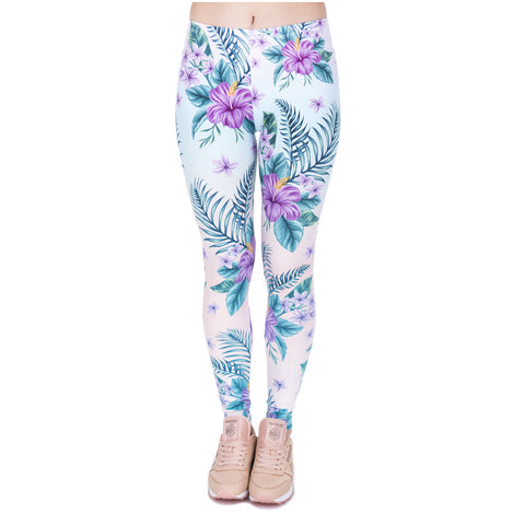 Fashion Elegant Women Legins Tropical Pink Flowers Printing Legging High Waist Woman Cozy Leggings