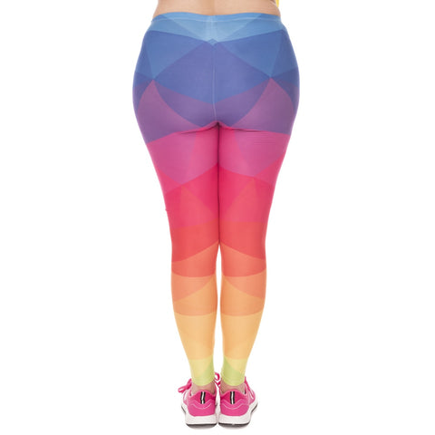 Fashion Large Size Leggings Triangles Rainbow Printed High Waist Leggins Plus Size Trousers Stretch Pants For Plump Women