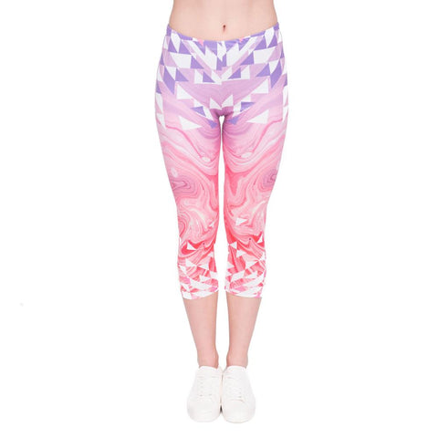 Fashion Summer Women Capri Leggings Triangles Pink Marble Printing Sexy Mid-Calf 3/4 Trousers Movement Leggins Capri Pants