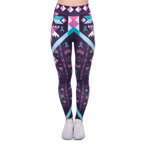 Fashion Women High Waist Legging Aztec Dark Purple Printing Fitness Leggings High Elasticity Woman Pants