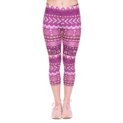 Summer Fashion Women Capri Leggings Boho Purple Printing Sexy Mid Leg 3/4 Fitness Movement Leggins Woman Capri Pants