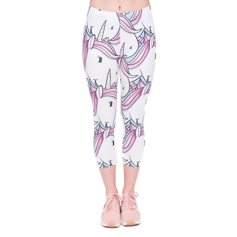 Summer Fashion Women Capri Leggings White Unicorns Printing Sexy Mid-Calf 3/4 Fitness Movement Leggins Capri Pants