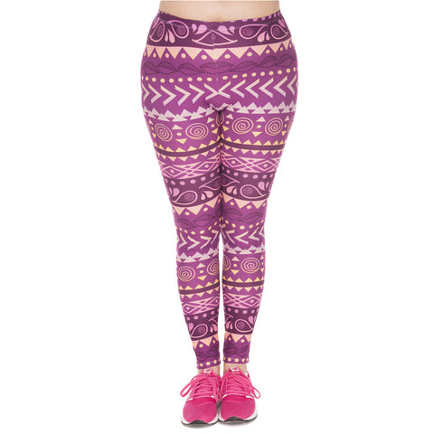 Summer Large Size Leggings Boho Purple Printed High Waist Leggins Plus Size Trousers Stretch Pants For Plump