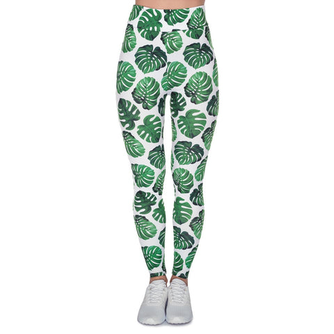Women High Waist Legging Monstera White Printing Leggings Fashion Fitness Woman Pants