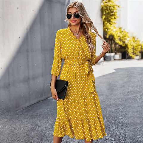 Zoulv 2022 Spring Autumn Dot Bandage Dress Women Casual Ruffles High Waist V Neck Print Long Elegant Dress for Women