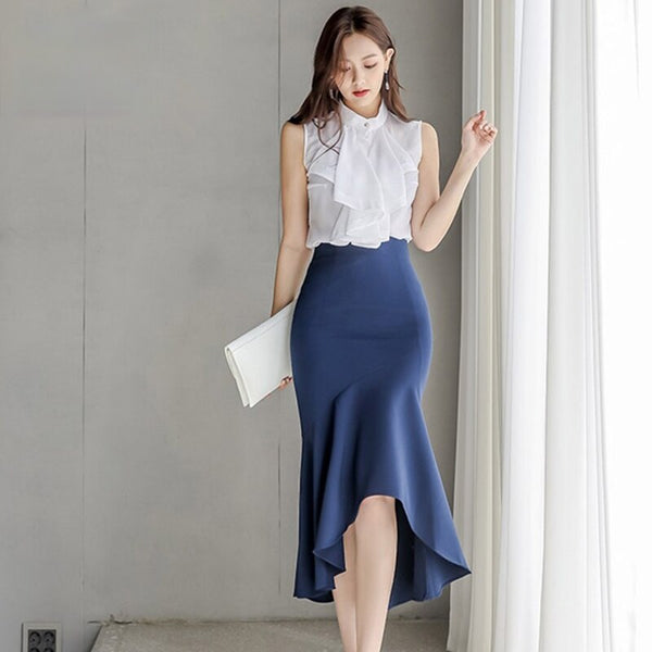 an Queen Summer 2 Pieces Set Women Ruffles Shirts Blouses And High Waist Irregular Ruffles Skirts Korean Office Lady Suit