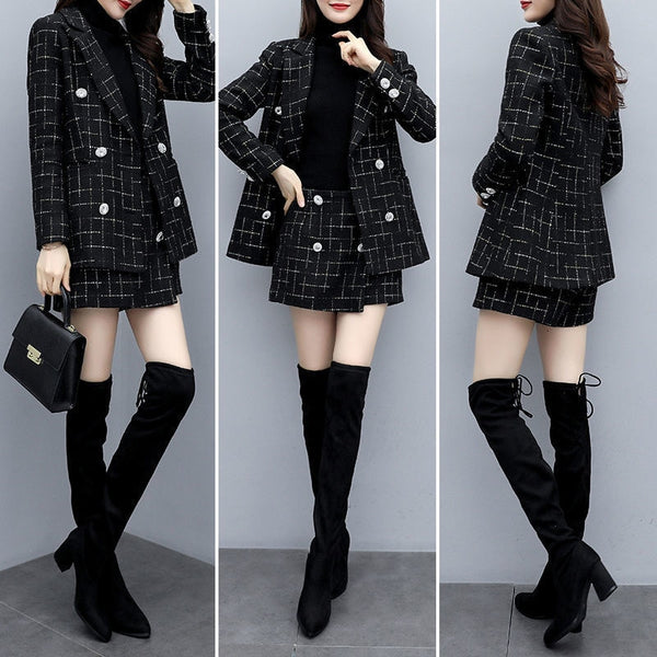 and winter autumn small fragrance two-piece thick suit skirt suit women's plaid jacket casual pants woolen