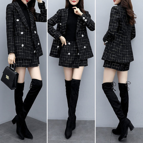 and winter autumn small fragrance two-piece thick suit skirt suit women's plaid jacket casual pants woolen