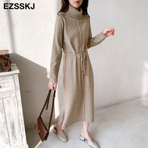 autumn winter Women turtleneck loose long Sweater dress robe Knitted Sweaters Drawstring dress Female oversize maxi dress