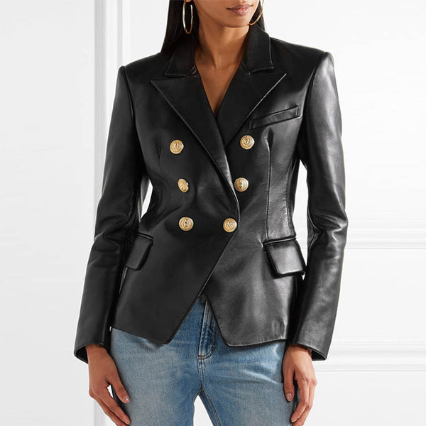 blazer feminino/Newest Fall Winter Designer Blazer Jacket Women's Lion Metal Buttons Faux Leather Blazer Outer Coat/jacket