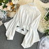 blusen damen autumn 2023 design long sleeve cotton blends blouse OL white black slim waist hollow shirts bluse chemisier