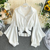 blusen damen autumn 2023 design long sleeve cotton blends blouse OL white black slim waist hollow shirts bluse chemisier