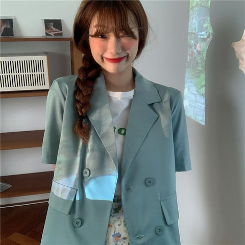 casual OL summer women blazers coat 2023 korean trend womens cool short sleeve Thin blazer Double Breasted