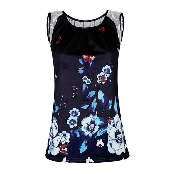 casual blouse shirt women floral printed sleeveless o neck lace patchwork shirt 2022 plus size tops s-5xl clothing WS9183E
