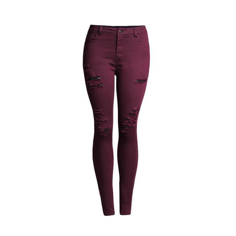 catonATOZ 2056 New Arrival Woman Burgundy High Waist Denim Pencil Pants Jeans Ripped Stretch Skinny Jeans For Women