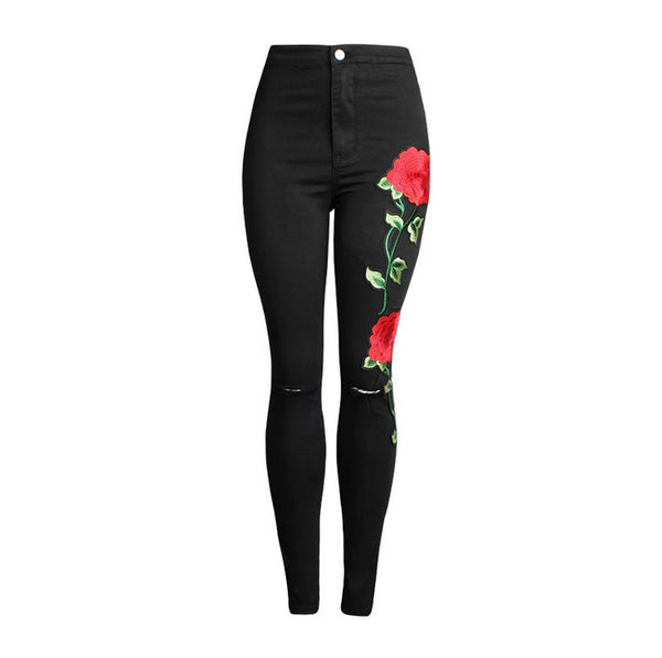 catonATOZ 2102 Women's High Waist Black Embroidery Flower Jeans Ripped Pencil Stretch Denim Pants Female Slim Skinny Trousers