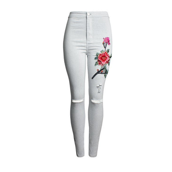 catonATOZ 2112 New Women's Vintage Embroidery Flowers jeans Ripped Pencil Stretch Denim Pants Female Skinny high waist Jeans
