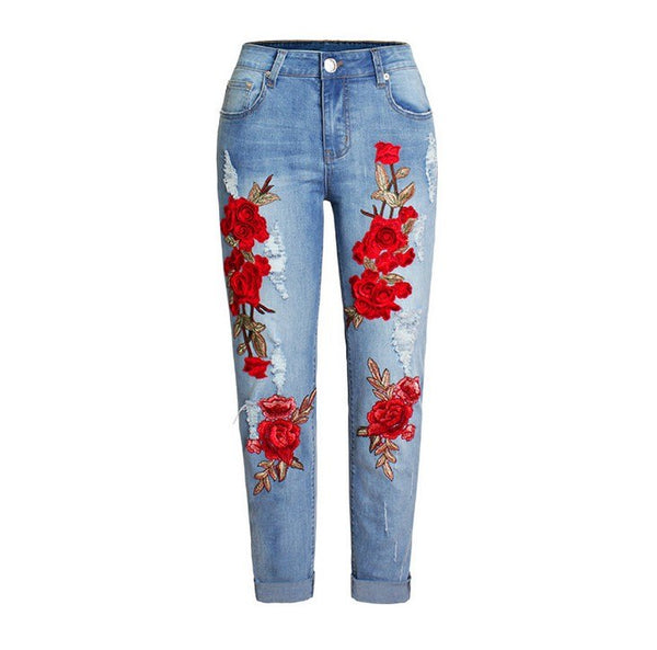 catonATOZ 2126 Women Embroidered Flower Jeans Sexy Ripped Stretchy Denim Pants Female Slim Trousers Jeans For Woman