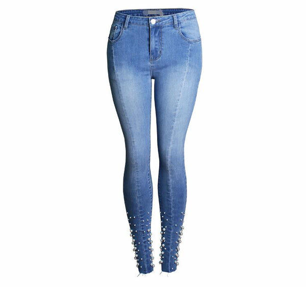 catonATOZ 2160 New Arrived Ladies Cotton Pearl jeans Denim Pants Stretch Womens Ripped Skinny Jeans For Female