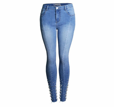 catonATOZ 2160 New Arrived Ladies Cotton Pearl jeans Denim Pants Stretch Womens Ripped Skinny Jeans For Female