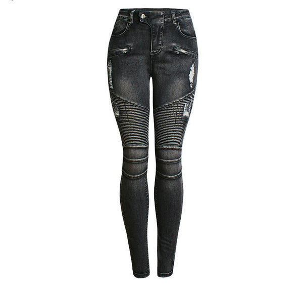 catonATOZ 2168 Women Fashion Black Punk Motorcyle Jeans Women`s Stretch Slim Fit Ripped Denim Pants Skinny Jeans For Woman