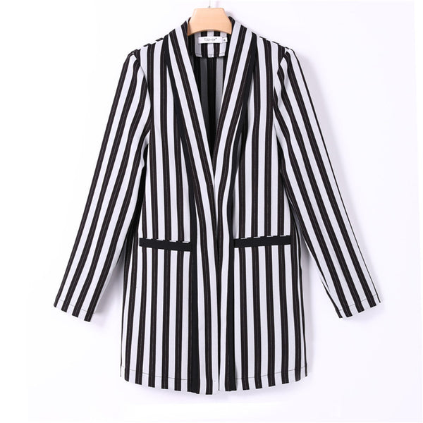 Blazer Women Vertical Striped Jackets Casual Pockets Black Long Blazer Women's Spring Autumn Jacket Plus Sizes 5XL