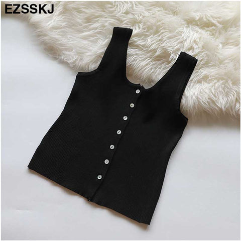 cropped tank Tops Knit 2022 Sexy Single-breasted Sleeveless Slim O-Neck Fashion Women Stretch white black button Casual Tops