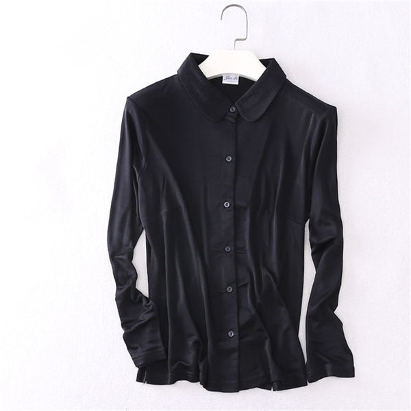 double sided knitted 100% silk blouse Elastic shirts women 2022 female slim single breasted long sleeve blouse