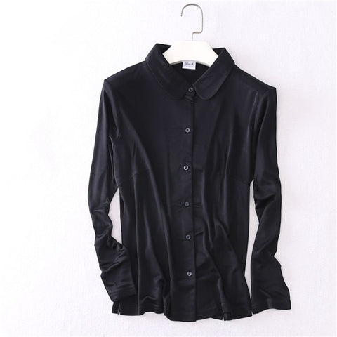 double sided knitted 100% silk blouse Elastic shirts women 2022 female slim single breasted long sleeve blouse