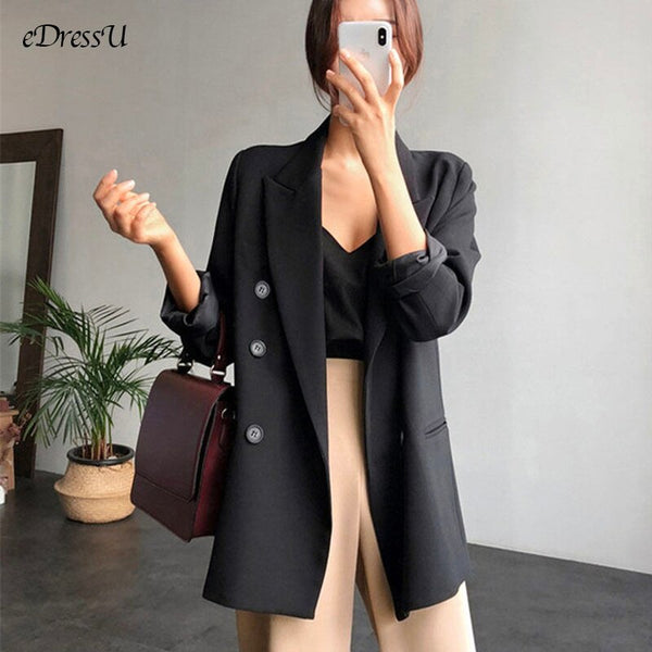 eDressU Women Loose Blazer 2022 Korean Jacket Black Casual Suit Spring Autumn Office Midi Long Business Outwear ZX-9