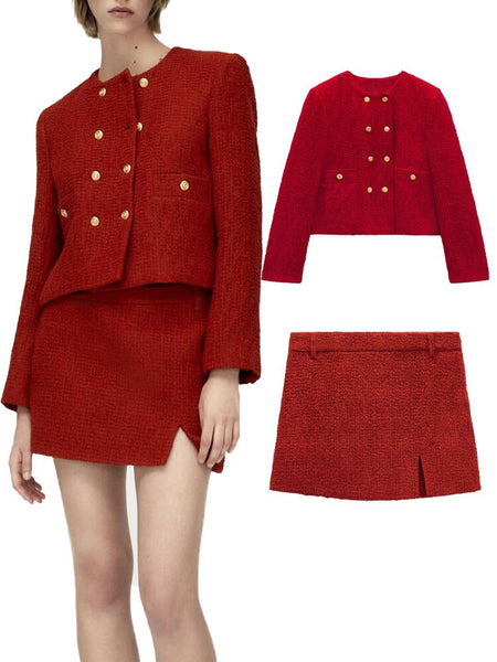 early autumn style temperament self-cultivation texture texture double-breasted jacket jacket texture mini skirt bag hip
