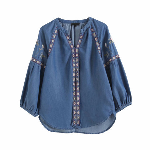 embroidery denim shirt blouse women long sleeve v neck spring jeans shirt streetwear casual botton shirt blouse