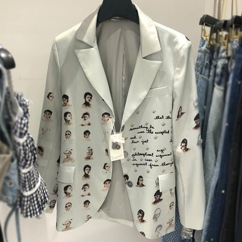 fashion character letter print blazer women jacket notched long sleeve single breasted ol suit jacket