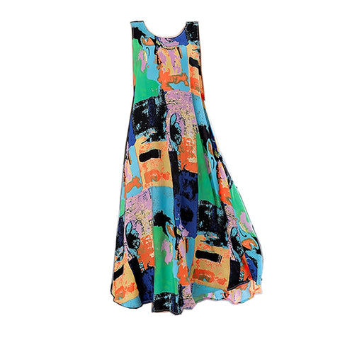 summer dress women robe femme vestidos de verano Casual Plus Size O-Neck Print Vintage Party sleeveless long Dress